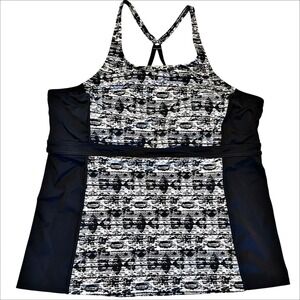 Lands End Tankini Top 18 Swimsuit Black White Shelf Bra‎ Wireless Swim Beach UPF
